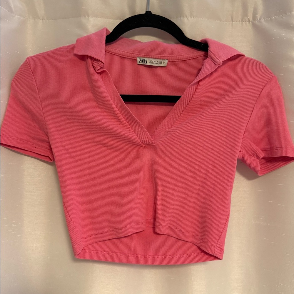 Zara Red Pink Fitted Polo Crop Top